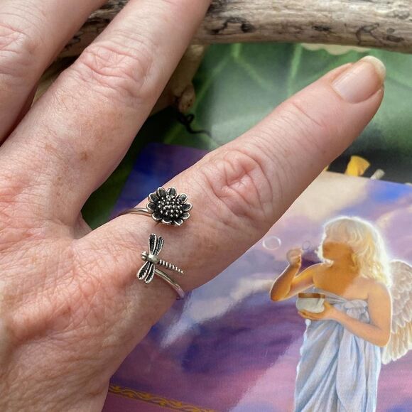 Dragonfly & Sunflower Adjustable Sterling Ring 5,9 - Picture 2 of 5